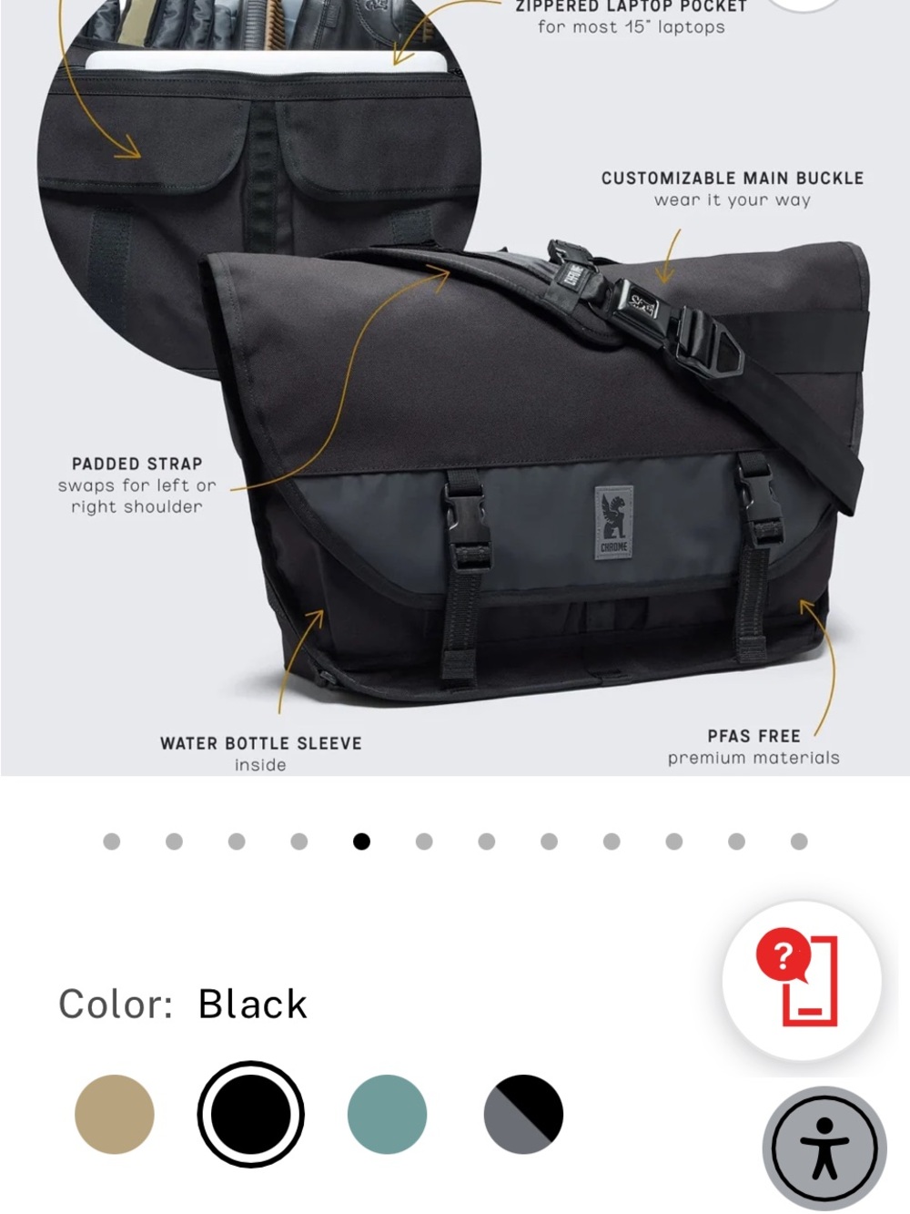 Chrome Black Men’s Messenger Bag with Front Utility Pockets - Picture 3 of 4